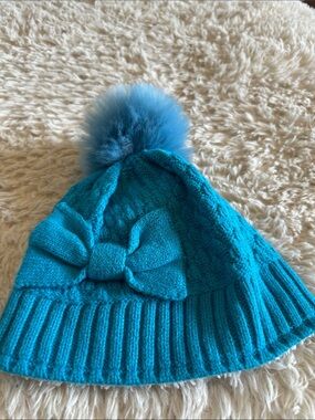 Girls Teal Knit Pom Pom Beanie with Bow